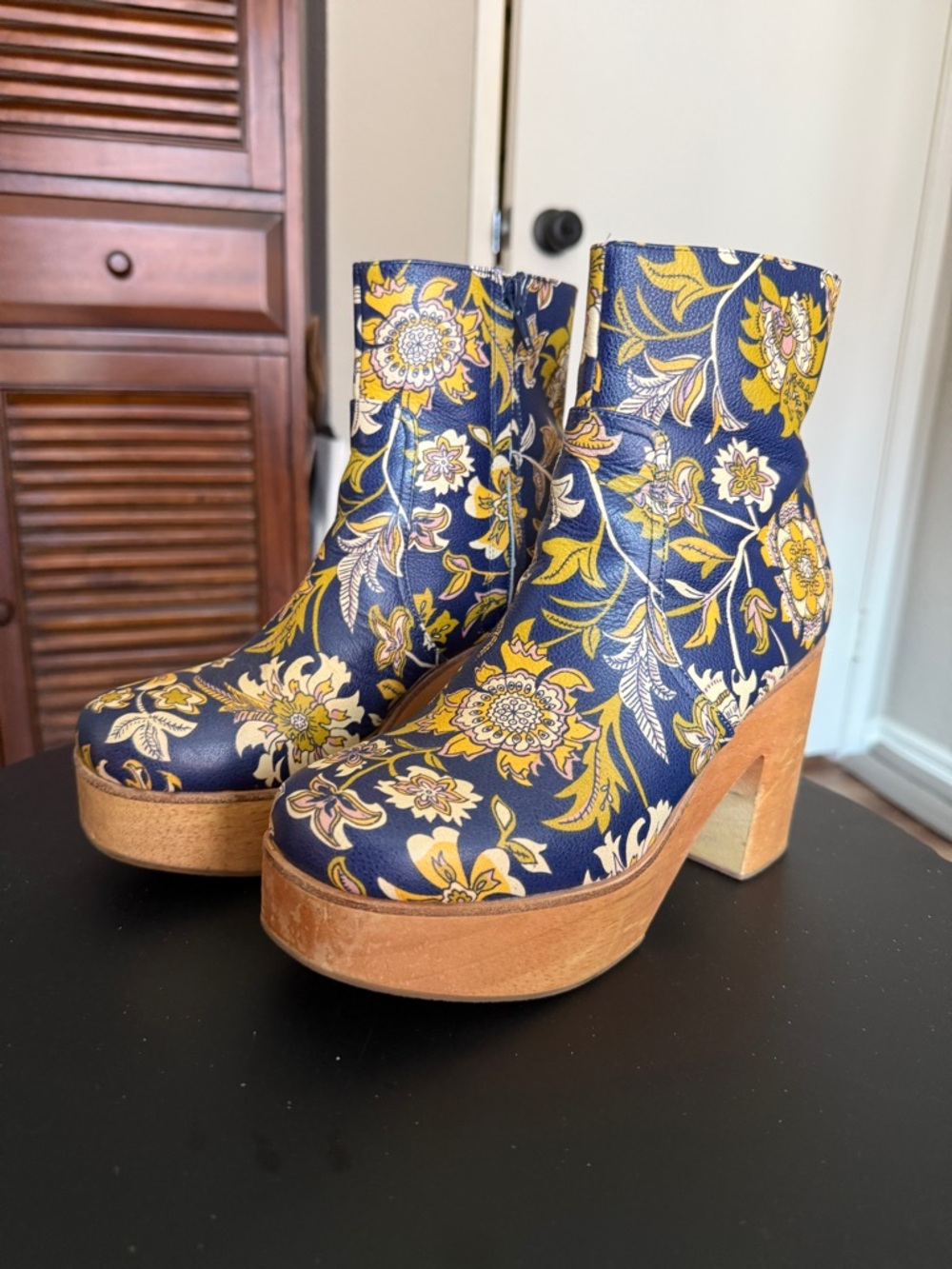 Charlotte Stone Paz Navy Yellow Floral Platform Ankle Boots